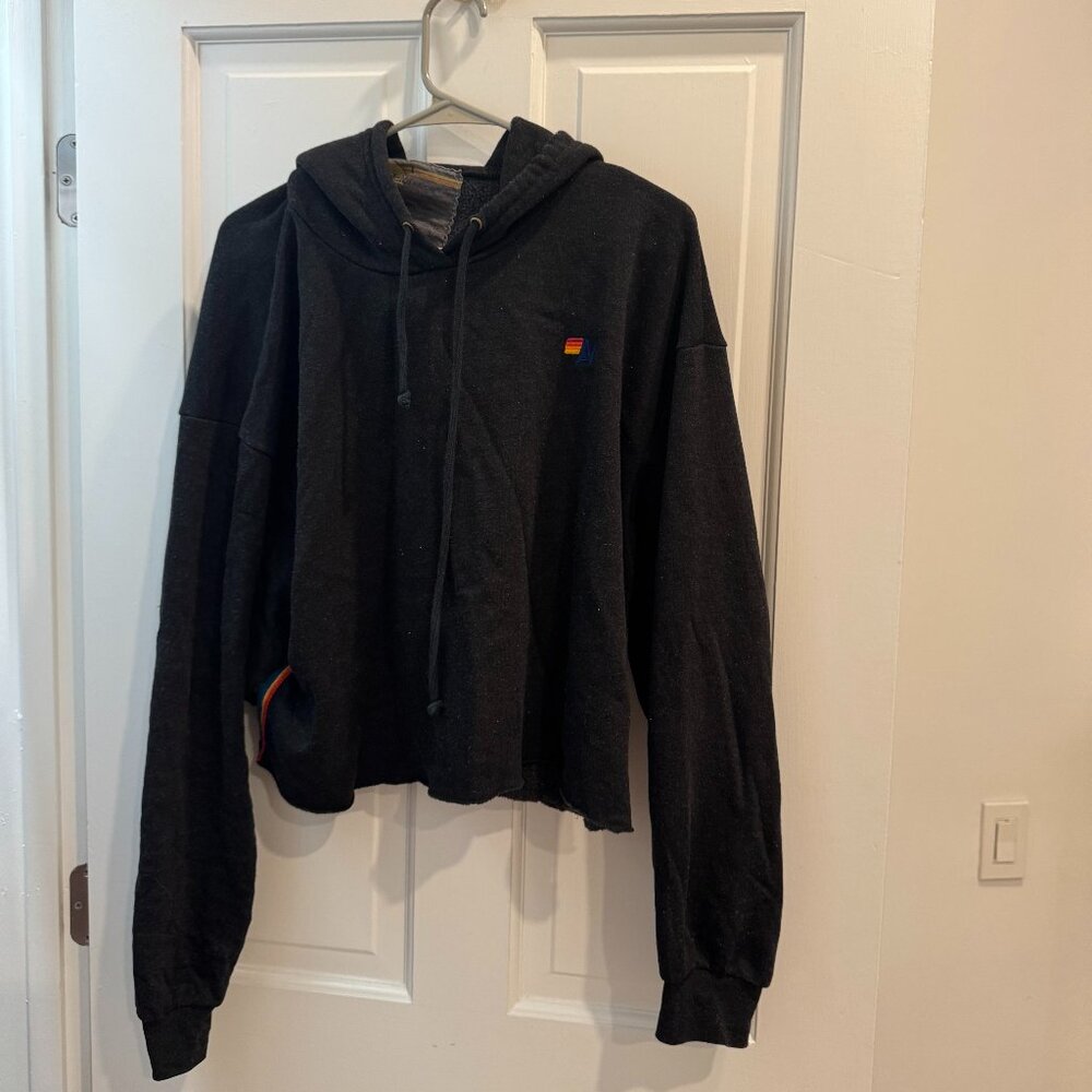 Aviator Nation Cropped Charcoal Hoodie with Stripes